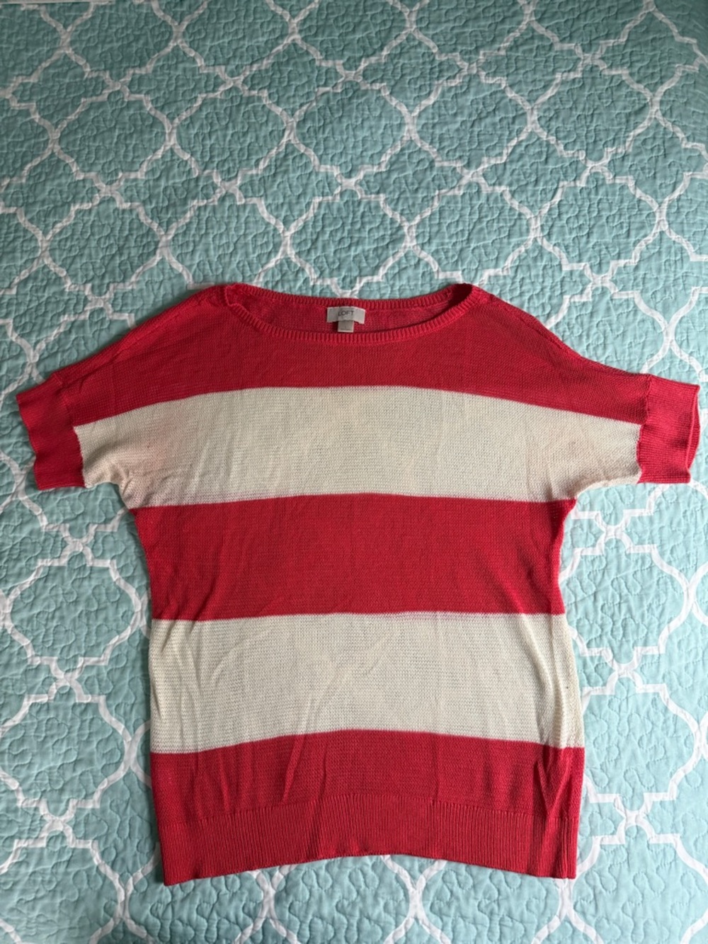 LOFT Striped Orange and Cream Short Sleeve Knit Top